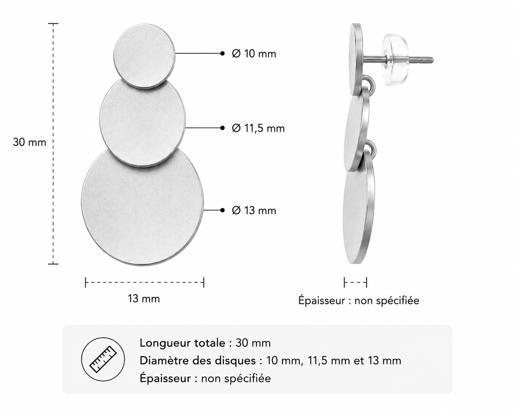 Dimensions des boucles d’oreilles argentées à trois disques NIRMEN