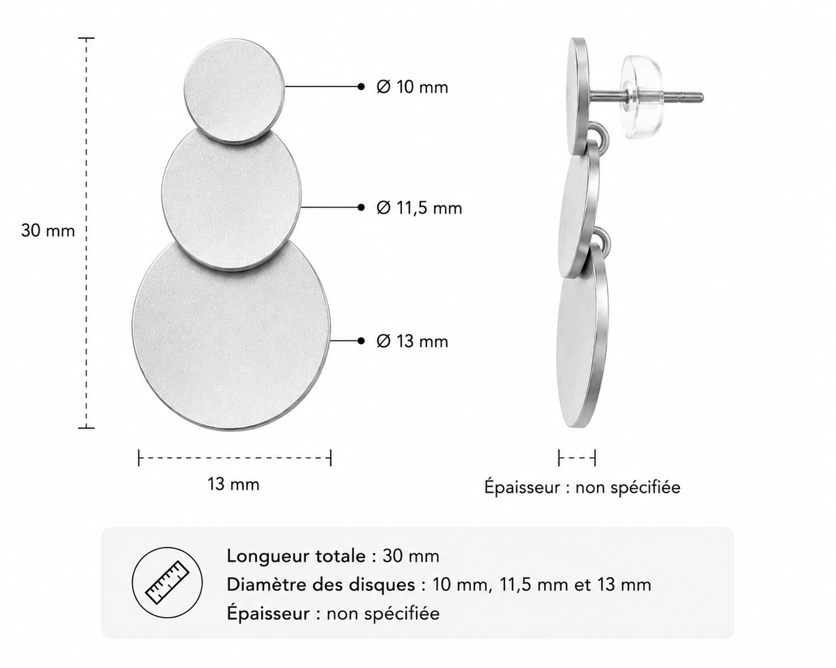 Dimensions des boucles d’oreilles argentées à trois disques NIRMEN
