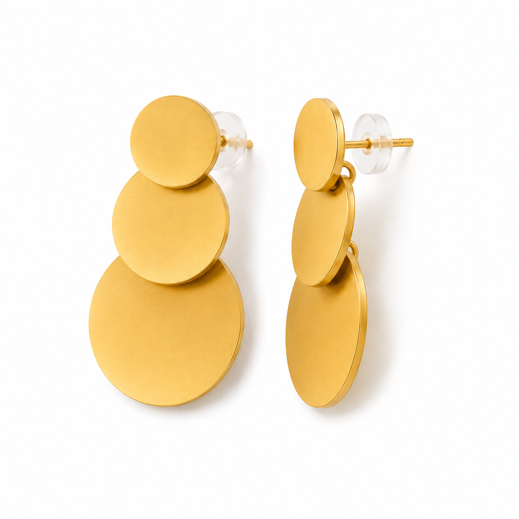 Boucles d’oreilles dorées à trois disques NIRMEN – vue de côté