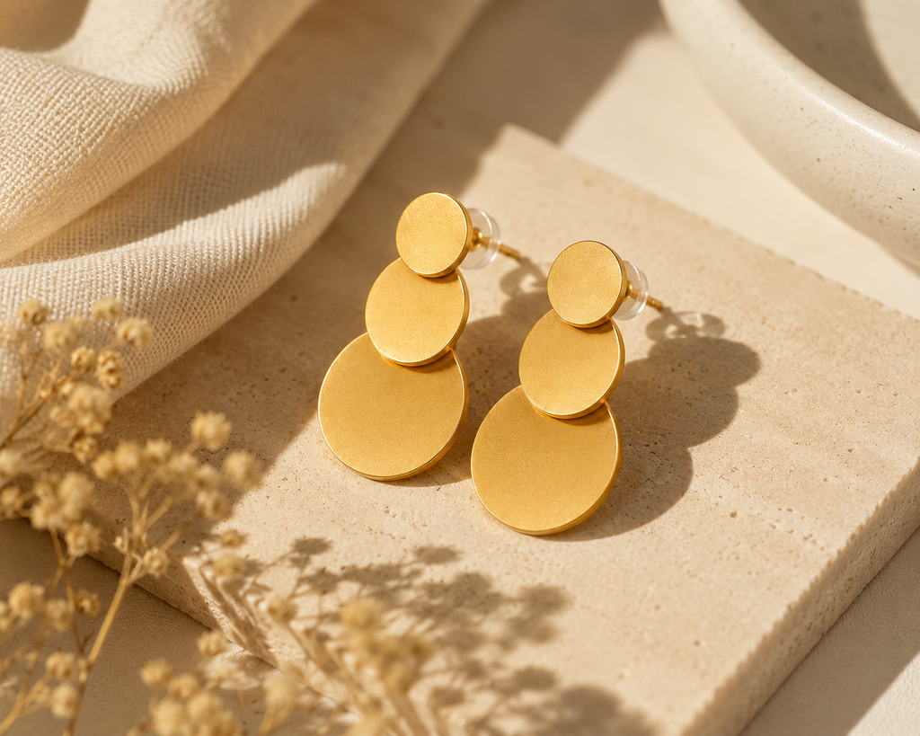 Boucles d’oreilles dorées à trois disques NIRMEN présentées sur tissu