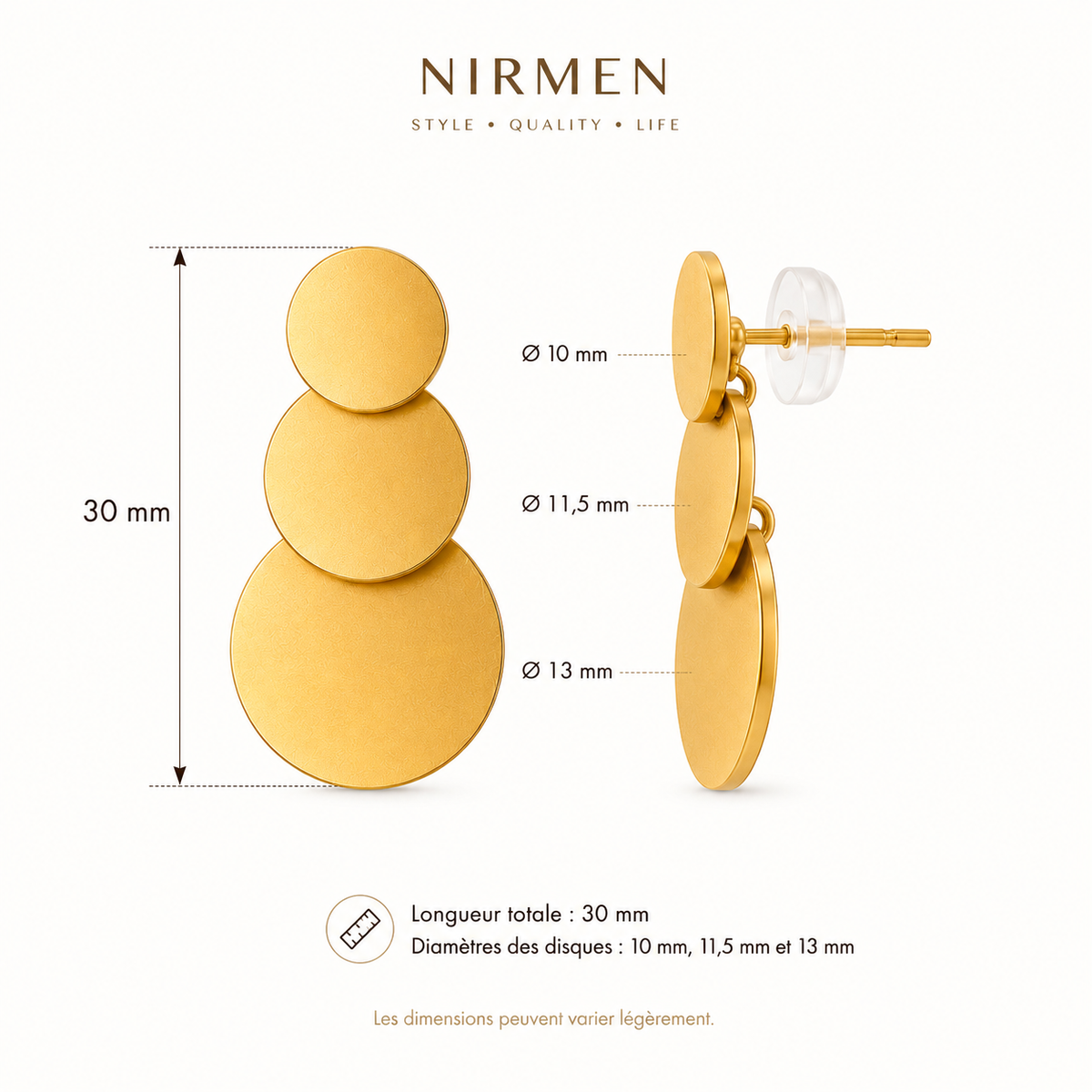 Dimensions des boucles d’oreilles dorées à trois disques NIRMEN
