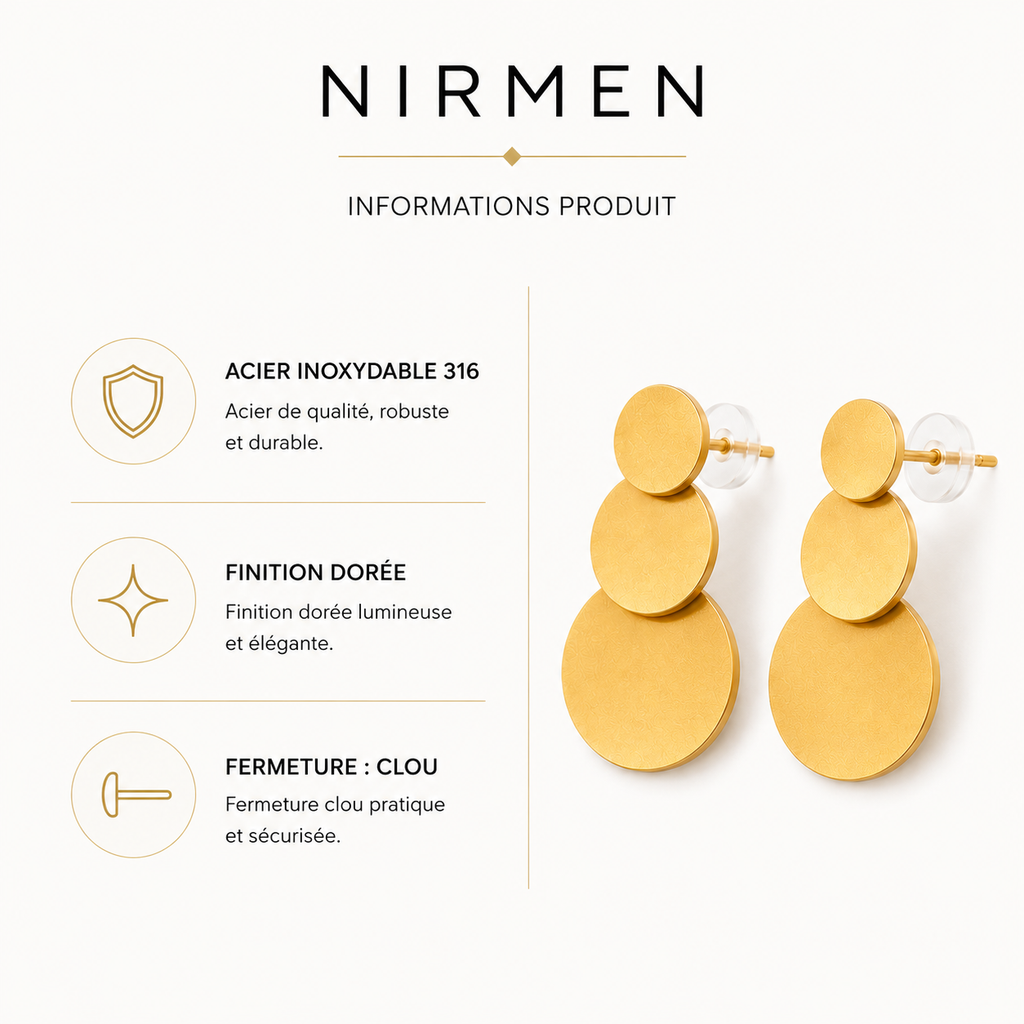 Caractéristiques des boucles d’oreilles dorées à trois disques NIRMEN