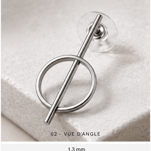 Boucles d’oreilles cercle et barre argentées NIRMEN – vue de détail