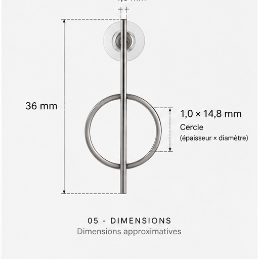 Dimensions des boucles d’oreilles cercle et barre argentées NIRMEN