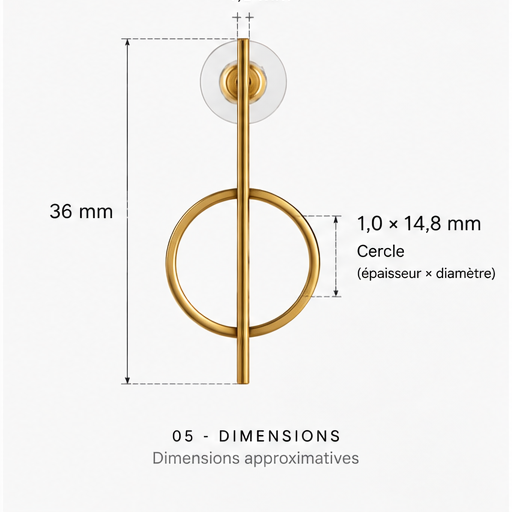 Dimensions des boucles d’oreilles cercle et barre dorées NIRMEN