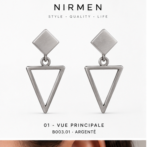 Boucles d’oreilles carré et triangle argentées NIRMEN – vue principale