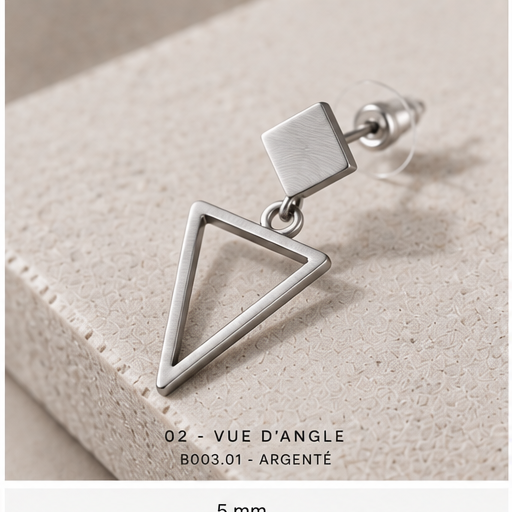 Boucle d’oreille carré et triangle argentée – vue de détail