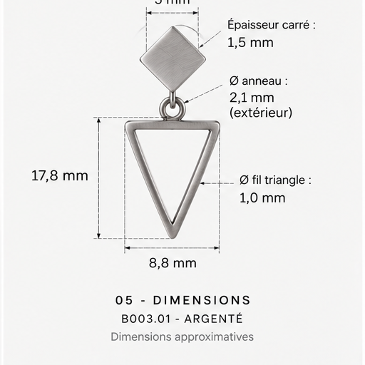 Dimensions des boucles d’oreilles carré et triangle argentées