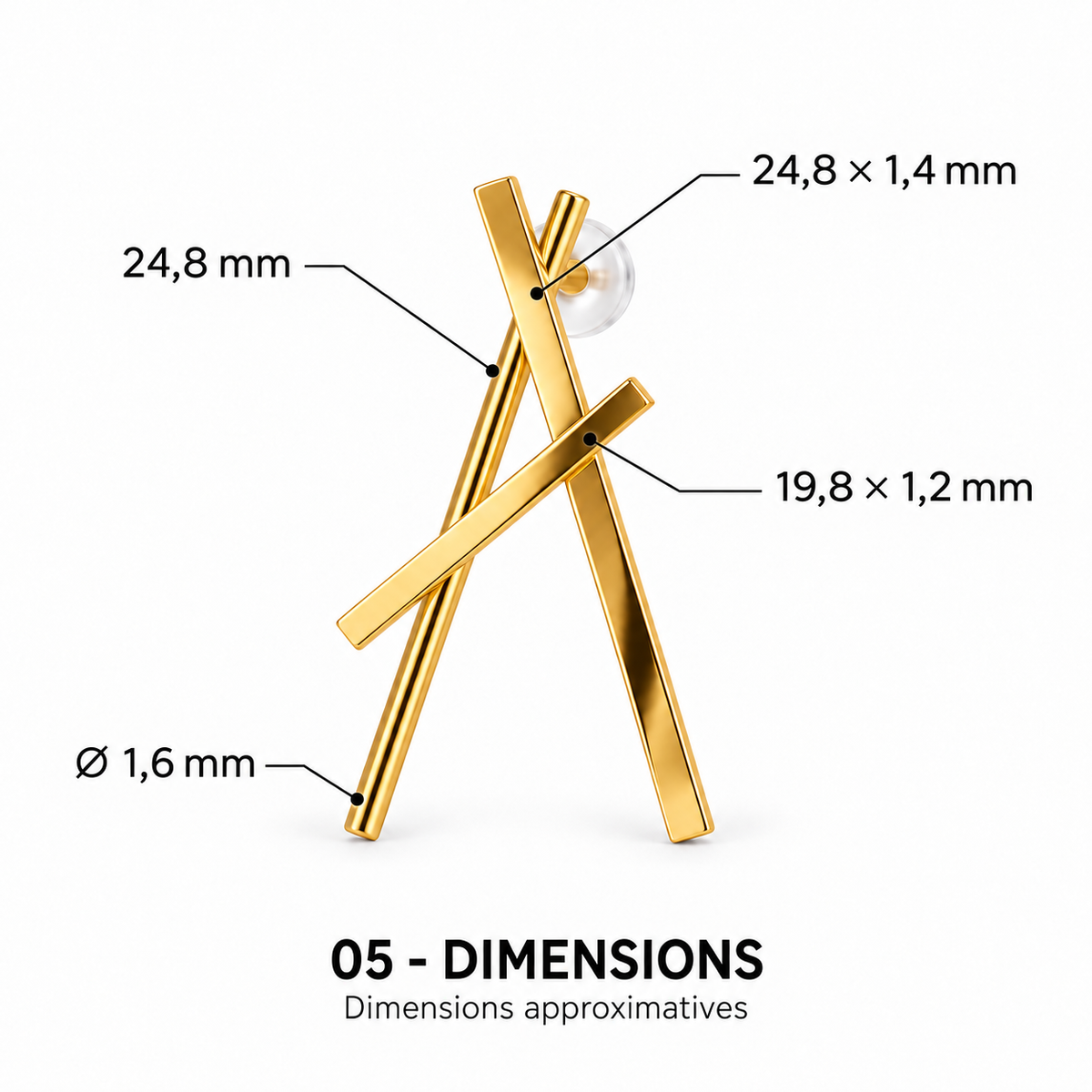 Dimensions des boucles d’oreilles lignes croisées dorées