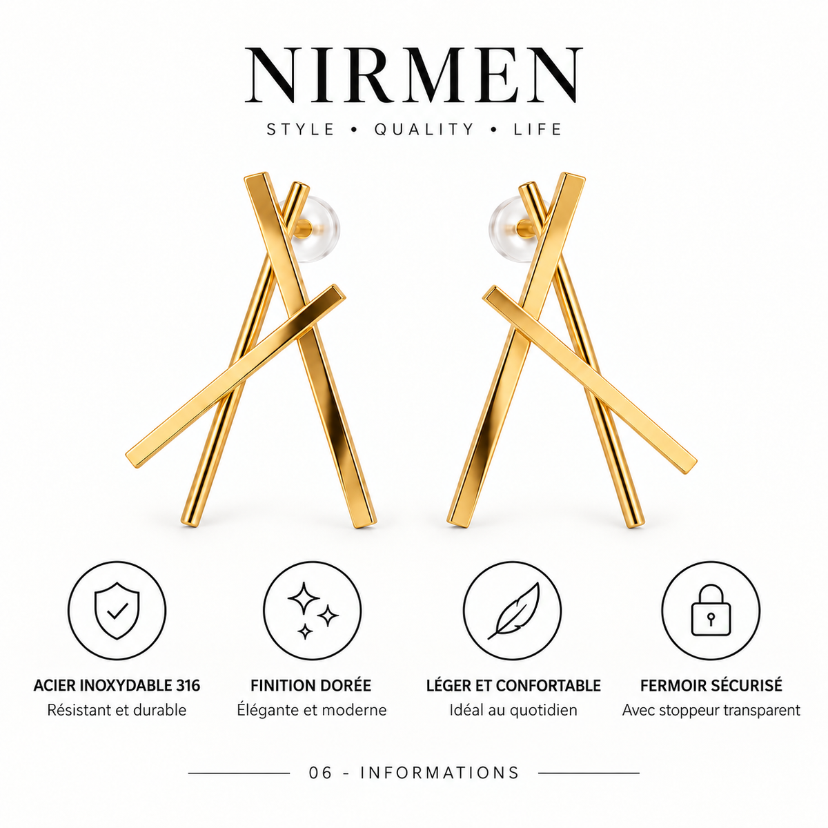 Caractéristiques des boucles d’oreilles en acier inoxydable 316 doré NIRMEN